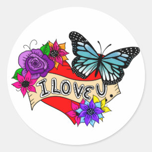 I Love You Hearts, Roses and Butterflies Classic Round Sticker