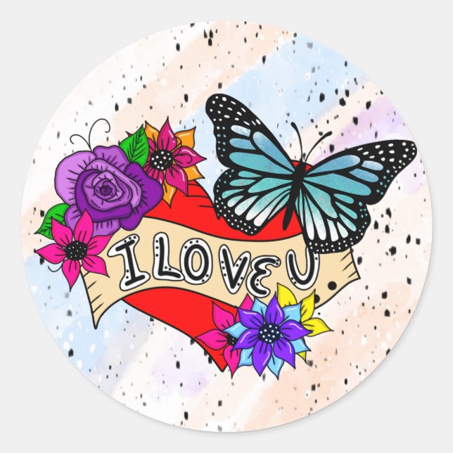 I Love You | Hearts, Roses and Butterflies  Classic Round Sticker (Front)