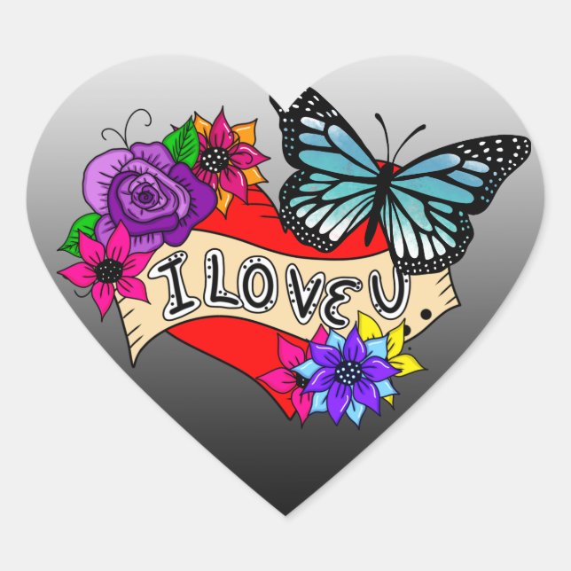 I Love You | Hearts, Roses and Butterflies  Heart Sticker (Front)