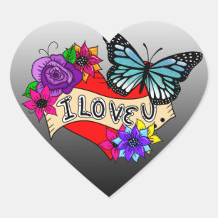 I Love You Hearts, Roses and Butterflies Heart Sticker