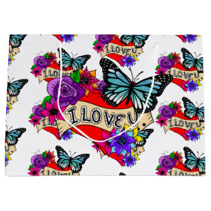 I Love You   Hearts, Roses and Butterflies  Large Gift Bag