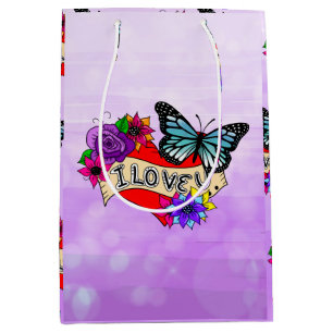 I Love You   Hearts, Roses and Butterflies  Medium Gift Bag