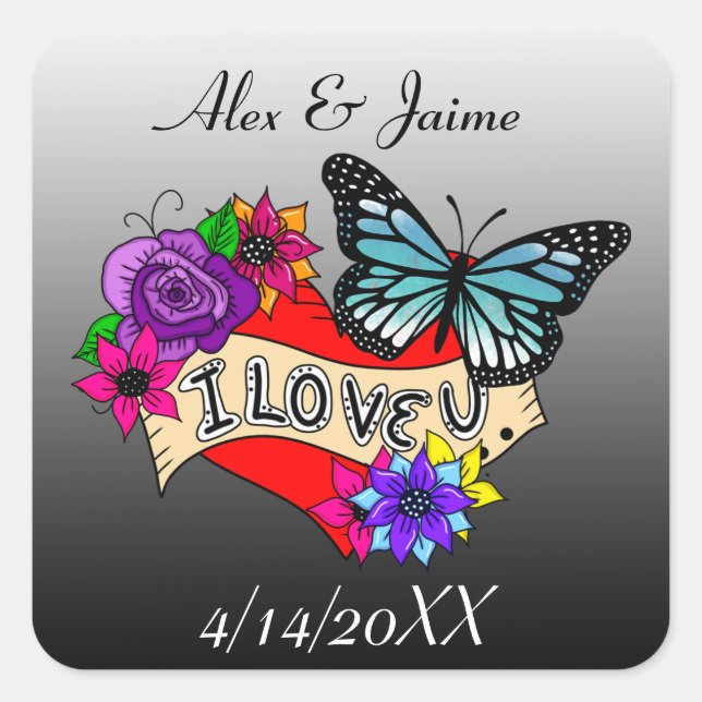 I Love You | Hearts, Roses and Butterflies   Square Sticker (Front)
