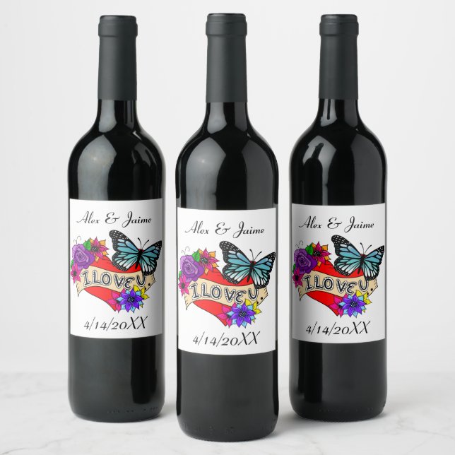 I Love You | Hearts, Roses and Butterflies Wine Label (Bottles)