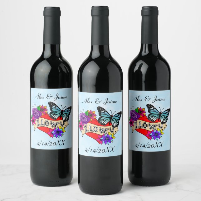 I Love You | Hearts, Roses and Butterflies   Wine Label (Bottles)