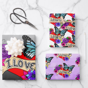 I Love You   Hearts, Roses and Butterflies Wrapping Paper Sheet