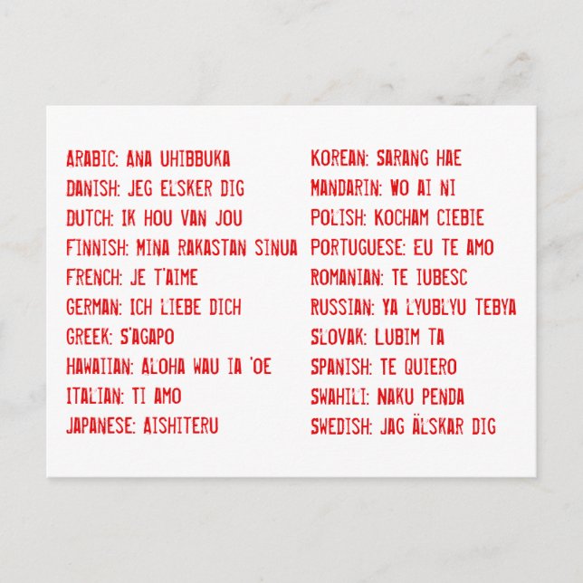 I love you in 20 different Languages Postcard (Front)