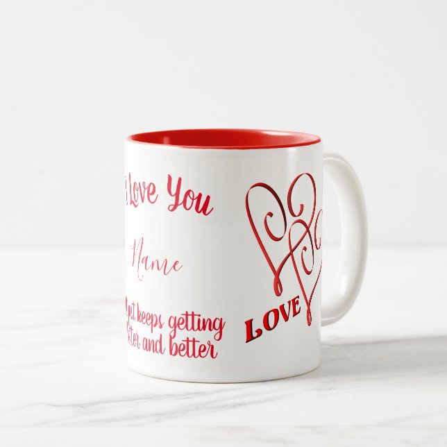 I Love You Intertwined Red Hearts Personalised Two-Tone Coffee Mug (Front Right)