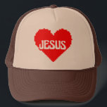 I love you Jesus pixel art Trucker Hat<br><div class="desc">Put on a pixel art faith hat,  featuring a modern design to show off your faith with a heart that says "I love Jesus." Vary the colours to match and show off your Christianity with a unique style to express your love for Jesus in a fresh and original way.</div>