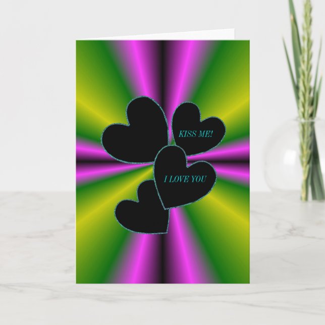 I LOVE YOU -Kiss me - Black Heart on purple green Card (Front)