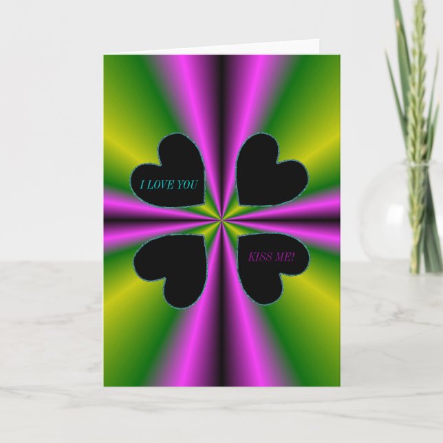 I LOVE YOU -Kiss me - Black Heart on purple green Card (Front)