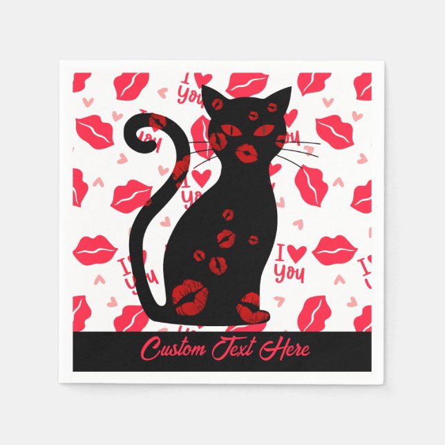 I Love You Lip Kiss Black Cat Romantic Personalise Napkin (Front)