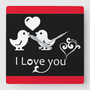 "I LOVE YOU" LOVEBIRDS SQUARE WALL CLOCK