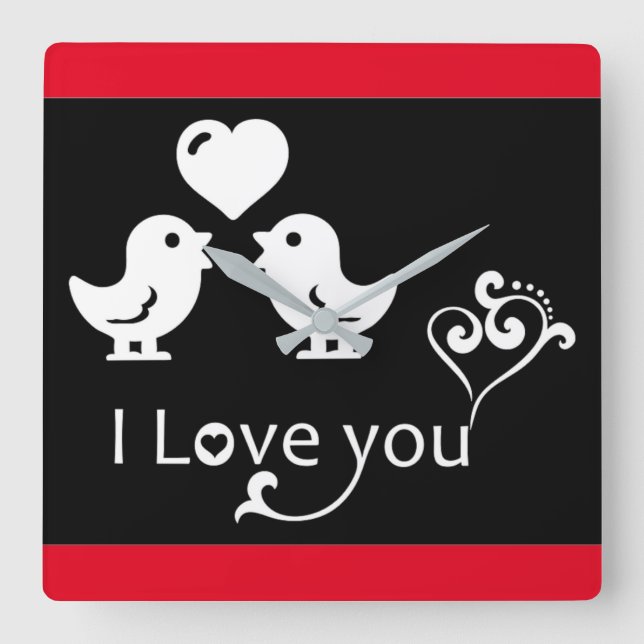 "I LOVE YOU" LOVEBIRDS SQUARE WALL CLOCK (Front)