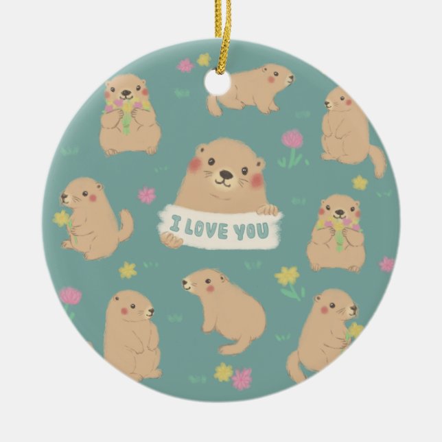 I Love You, Marmots Illustration Ceramic Tree Decoration (Front)