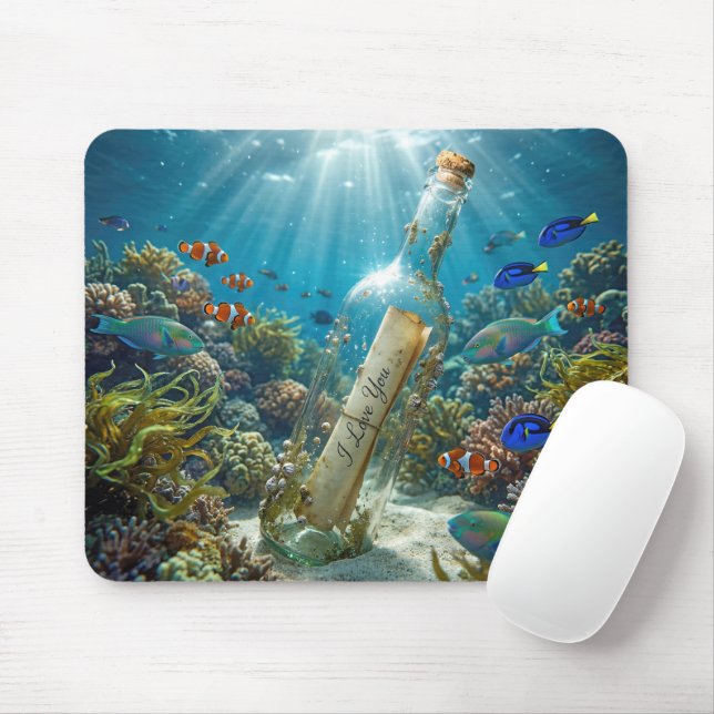 I Love You Message in a Bottle Mouse Mat (With Mouse)