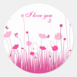 I Love You Minimalist Pink  White Poppies Floral Classic Round Sticker