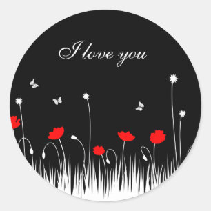 I Love You Minimalist Red Black and White Poppies  Classic Round Sticker