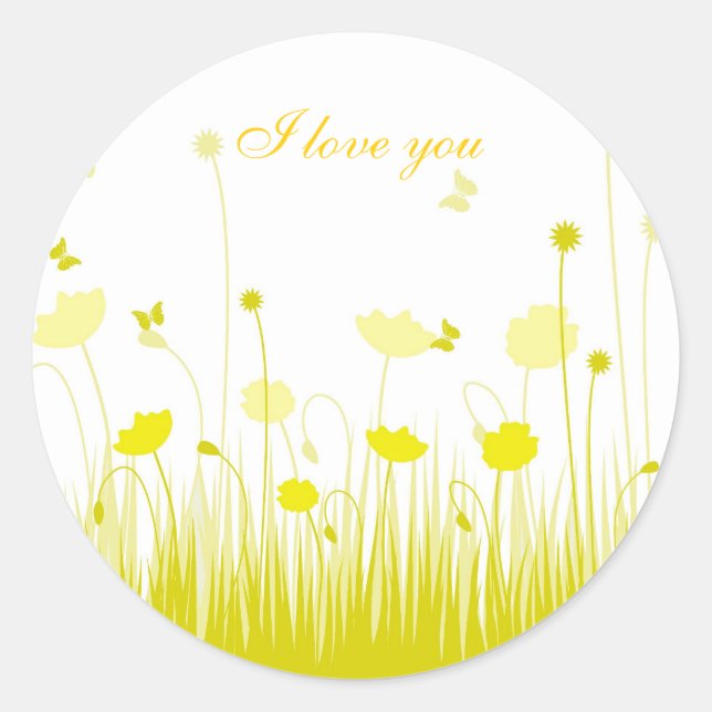 I Love You Minimalist Yellow White Poppies Meadow  Classic Round Sticker (Front)