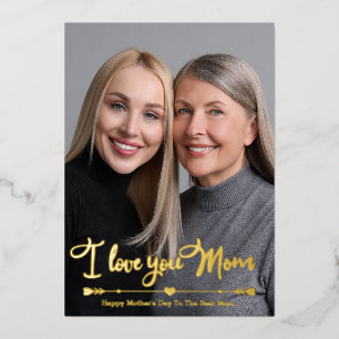 I Love You Mom Custom Two Photo Mother's Day  Foil Holiday Card