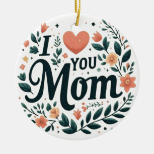 I Love You Mom - Floral Wreath Heart Ceramic Tree Decoration