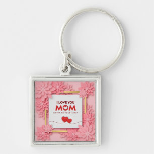 I Love You Mom Mother’s Day Floral and Gold Key Ring