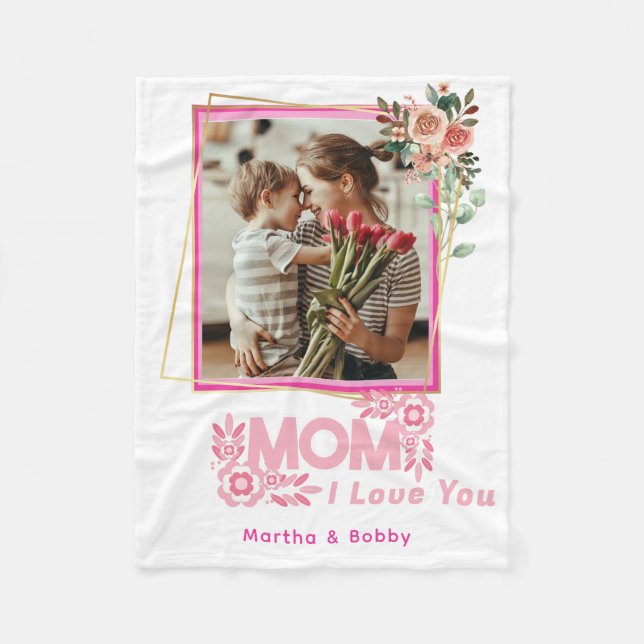 I LOVE YOU MOM Mummy Personalised Modern Photo  Fleece Blanket (Front)