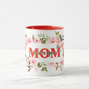 "I Love You MOM" Pink Watercolor Roses Mug