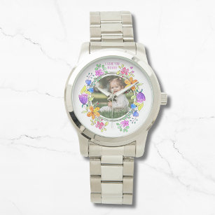 I LOVE YOU MOMMY Photo Colourful Floral Modern Watch
