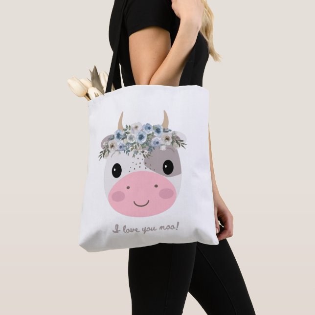 I love you moo! Cute Cow with Floral Wreath Tote B (Close Up)