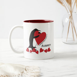 I Love You More! Cute Penguin and Red Heart Two-Tone Coffee Mug