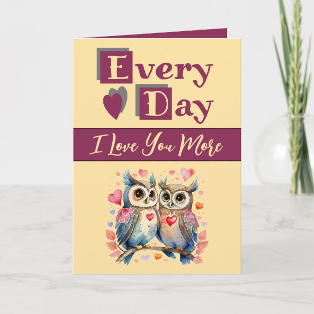 I love you more owls burgundy yellow Valentine Card (Front)