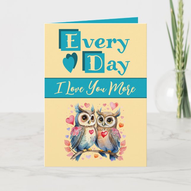 I love you more owls turquoise yellow Valentine Card (Front)