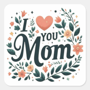I Love You Mum - Affectionate Floral Heart Square Sticker