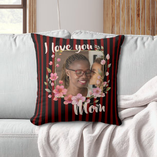 I Love You Mum Black Crimson Red Floral Photo Cushion