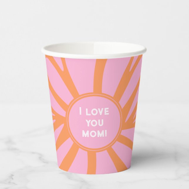 I love you mum floral burst pastel orange pink paper cups (Left)