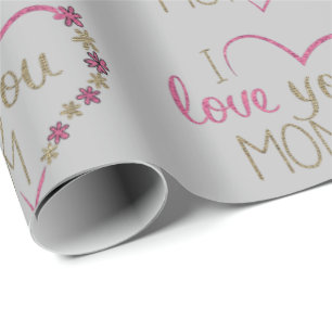 I Love You Mum Glitter Heart Wrapping Paper