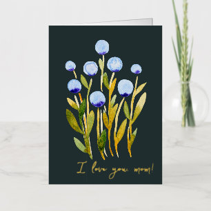 I love you mum minimal blue watercolor flowers foil holiday card