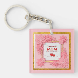I Love You Mum Mother’s Day Floral and Gold Key Ring
