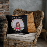 I love you mum photo name flower border cushion<br><div class="desc">Let mum know how much she is loved this mother's day with this personalised gift. This black cushion has a delightful circle of delicate white and light pink flowers around the favourite photo of her child. It is completed with pretty script of the kid's name and "I love you mum"...</div>