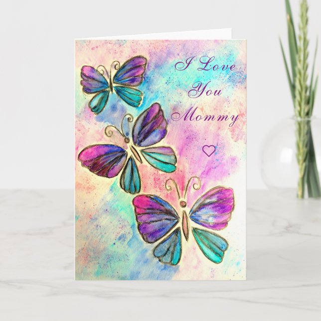 I Love You Mummy Card Colourful Butterflies  (Front)