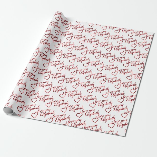 I love you Name Red Heart Pattern typography Wrapping Paper (Unrolled)