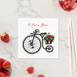 I Love You Napkins with Romantic Flowers Bike
