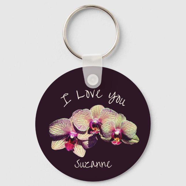 I Love You Orchid Flower Trio Personalised Key Ring (Front)