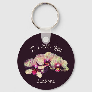 I Love You Orchid Flower Trio Personalized Key Ring