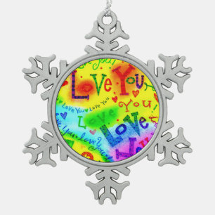 I LOVE YOU Painting Snowflake Pewter Christmas Ornament