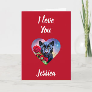 I Love You Personalised Name Panther and Red Roses Card