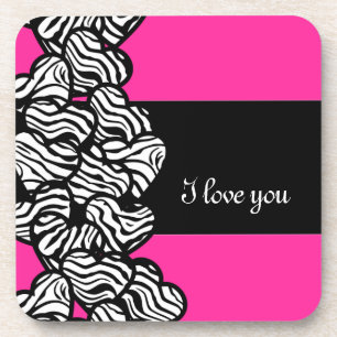 I love you pink black white zebra heart pattern coaster