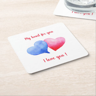 I love you  red and blue heart   Valentine's Day   Square Paper Coaster