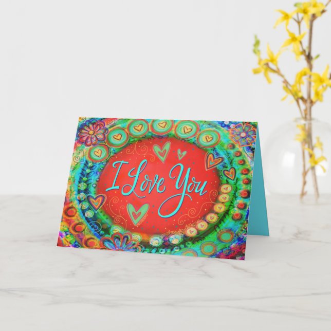 I Love You Red Colourful Valentine Whimsical Card (Yellow Flower)